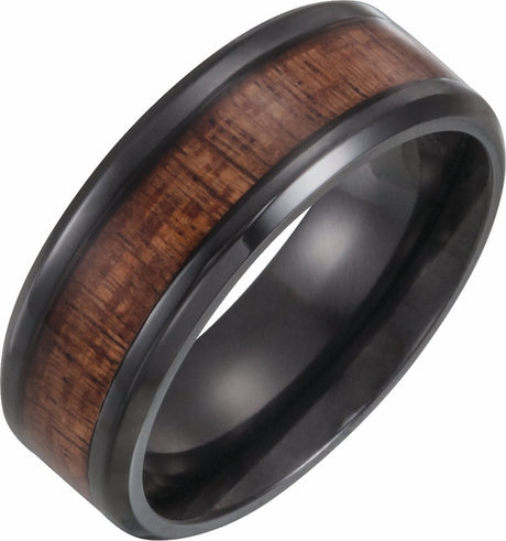 Black Titanium 8 mm Beveled-Edge Hawaiian Koa Wood Inlay Comfort-Fit Band Size 8