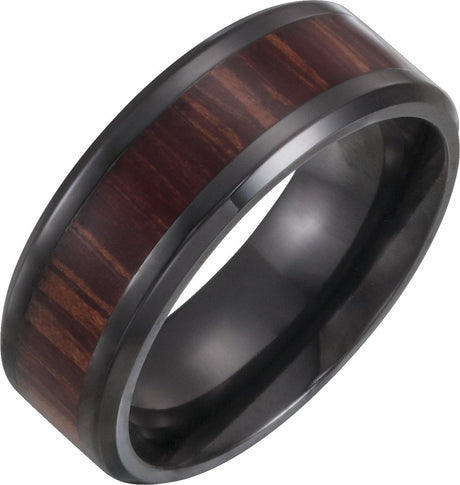 Black Titanium 8 mm Beveled-Edge Band with Wood Inlay Size 8