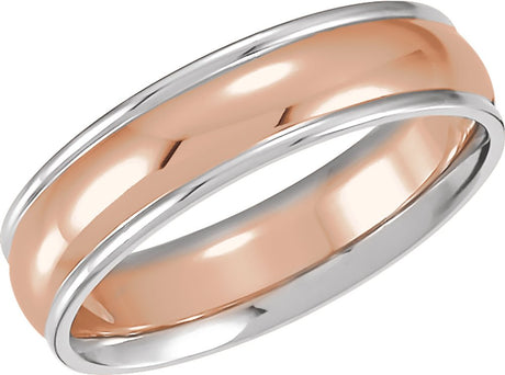 14K White/Rose/White Gold 6 mm Grooved Comfort-Fit Half Round Band Size 10