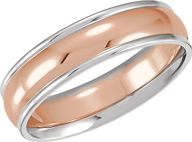14K White/Rose/White Gold 6 mm Grooved Comfort-Fit Half Round Band Size 10