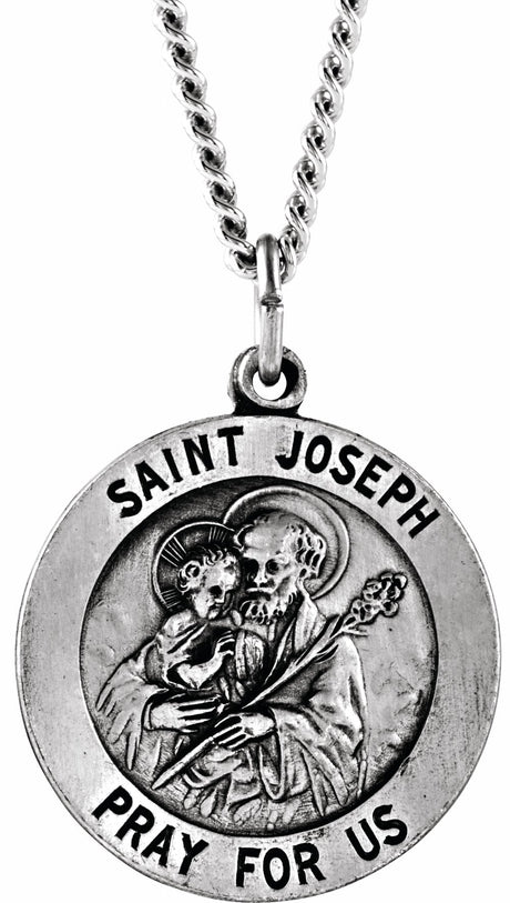 Sterling Silver 22 mm Round St. Joseph Medal 24" Necklace