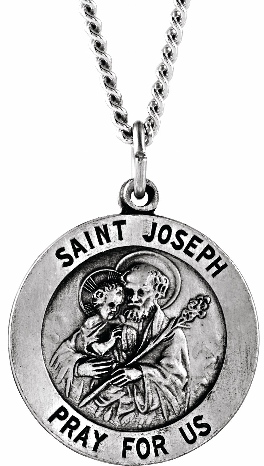 Sterling Silver 25 mm Round St. Joseph Medal 24" Necklace