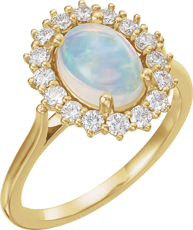 14K Yellow Natural White Ethiopian Opal & 3/8 CTW Natural Diamond Ring