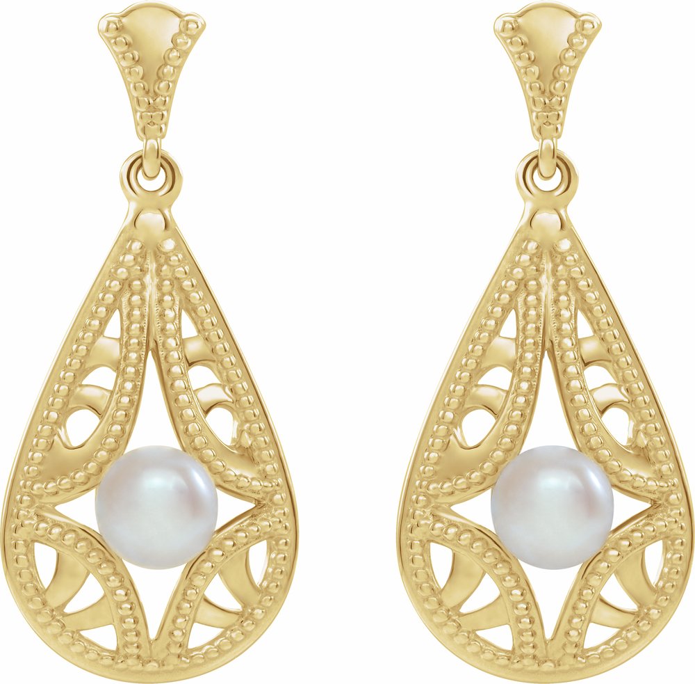 14K Yellow Cultured White Freshwater Pearl Vintage-Inspired Earrings