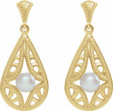 14K Yellow Cultured White Freshwater Pearl Vintage-Inspired Earrings