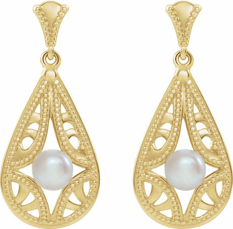 14K Yellow Cultured White Freshwater Pearl Vintage-Inspired Earrings