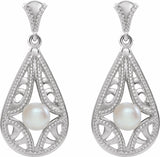14K White Gold Cultured White Freshwater Pearl Vintage-Inspired Earrings