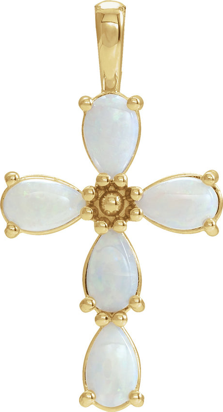 14K Yellow Natural White Opal Cabochon Cross Pendant