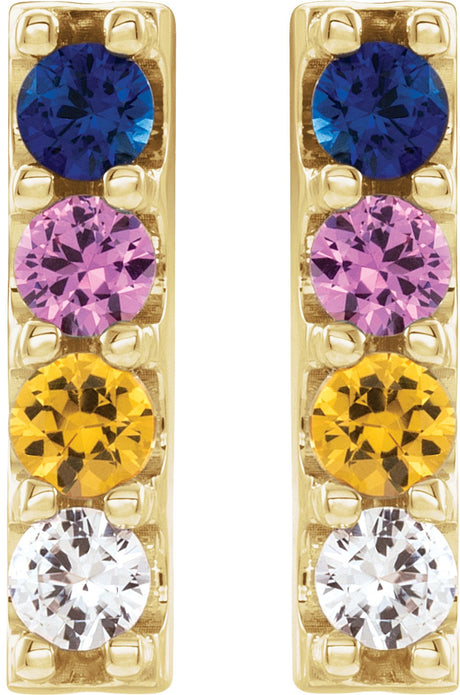 14K Yellow Natural Multi-Gemstone Bar Earrings