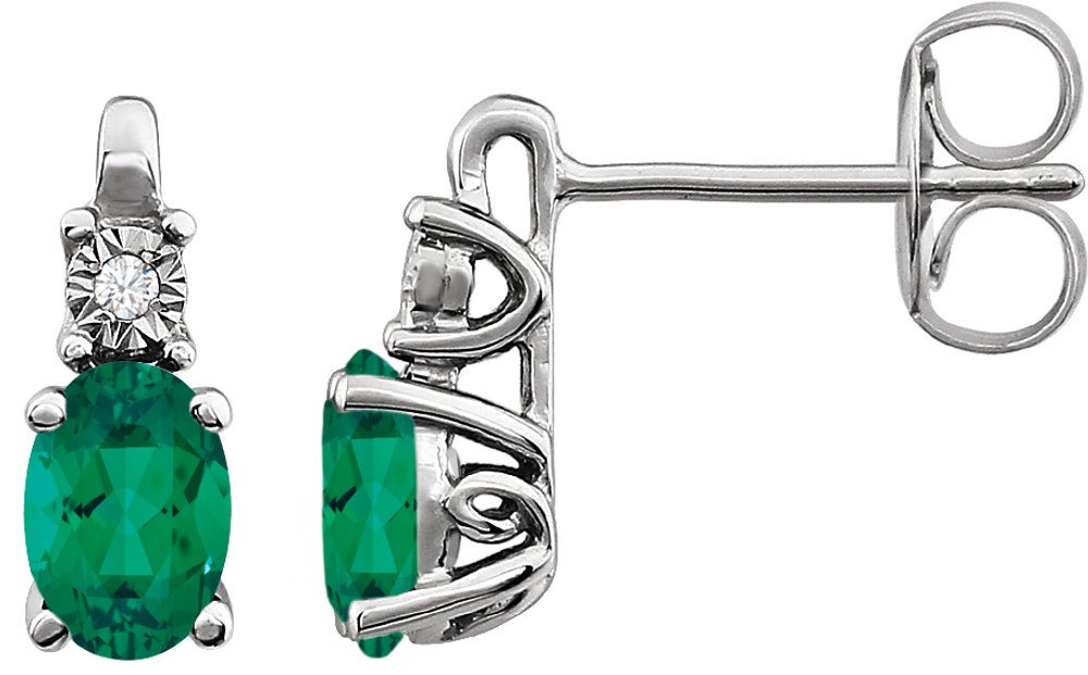 14K White  Lab-Grown Emerald & .02 CTW Natural Diamond Earrings 