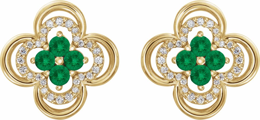 14K Yellow Natural Emerald & 1/5 CTW Natural Diamond Clover Earrings