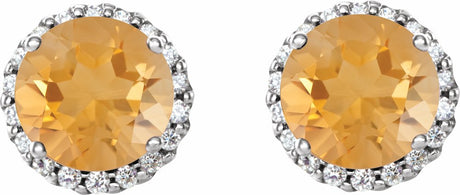 14K White 3 mm Natural Citrine & 1/10 CTW Natural Diamond Earrings