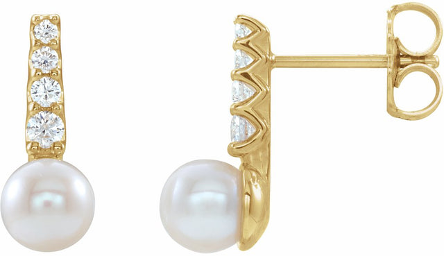 14K Yellow Gold Cultured White Freshwater Pearl & 1/6 CTW Natural Diamond Earrings