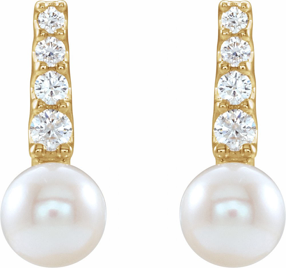 14K Yellow Gold Cultured White Freshwater Pearl & 1/6 CTW Natural Diamond Earrings