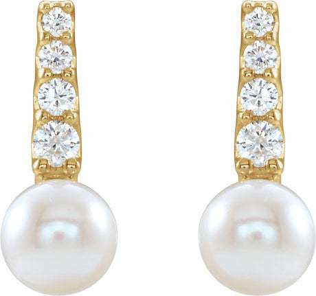 14K Yellow Cultured White Freshwater Pearl & 1/6 CTW Natural Diamond Earrings