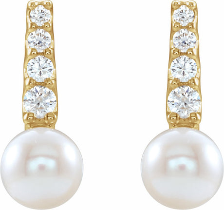 14K Yellow Gold Cultured White Freshwater Pearl & 1/6 CTW Natural Diamond Earrings