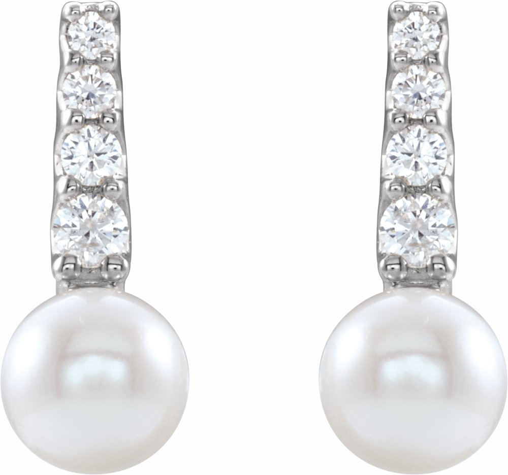 14K White Cultured White Freshwater Pearl & 1/6 CTW Natural Diamond Earrings