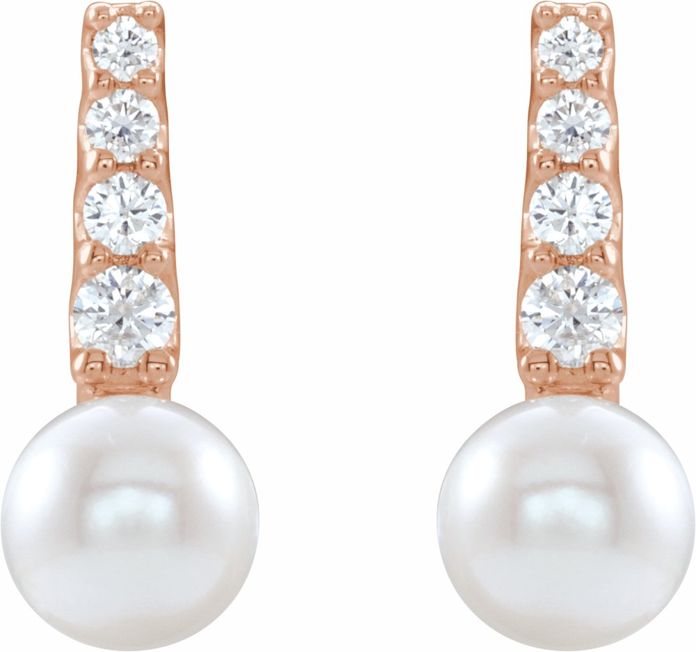 14K Rose Cultured White Freshwater Pearl & 1/6 CTW Natural Diamond Earrings