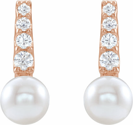 14K Rose Cultured White Freshwater Pearl & 1/6 CTW Natural Diamond Earrings