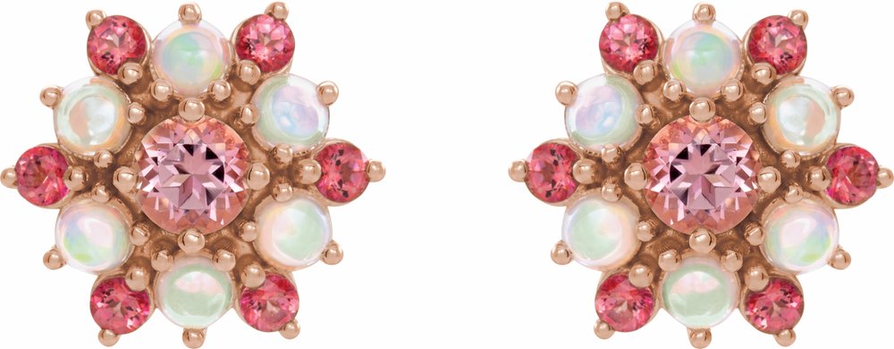 14K Rose Natural Pink Tourmaline & Natural Ethiopian Opal Cabochon Earrings