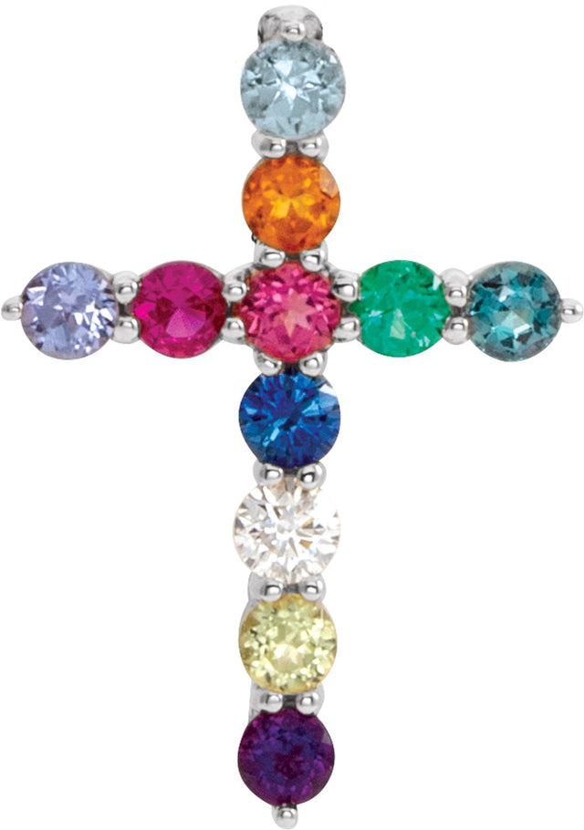 14K White Gold Natural Multi-Gemstone & .03 CT Natural Diamond Cross 16-18" Necklace