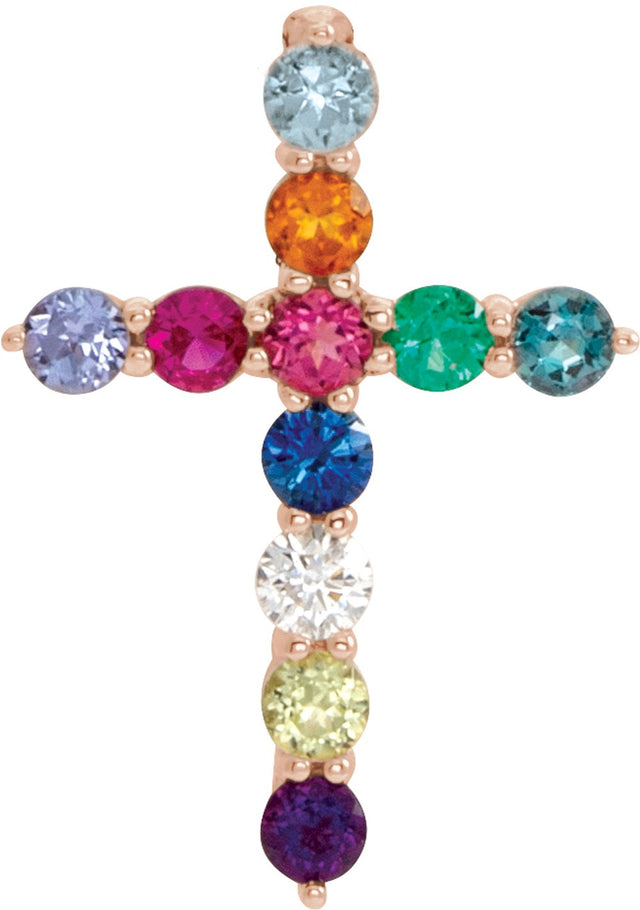 14K Rose Natural Multi-Gemstone & .03 CT Natural Diamond Cross 16-18" Necklace