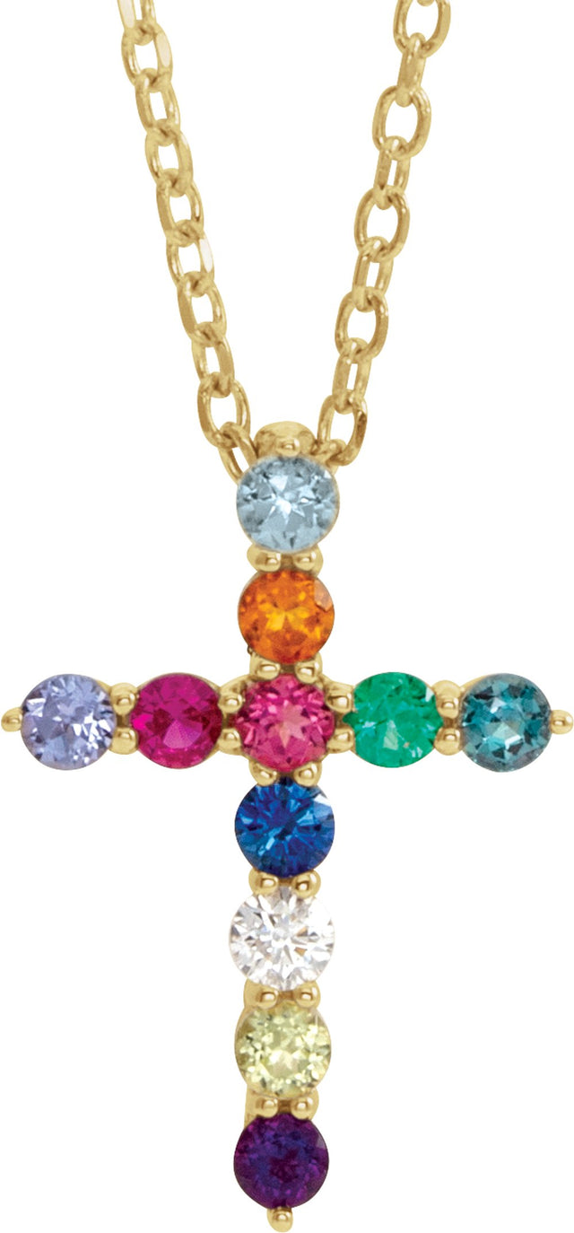 14K Yellow Natural Multi-Gemstone & .03 CT Natural Diamond Cross 16-18" Necklace