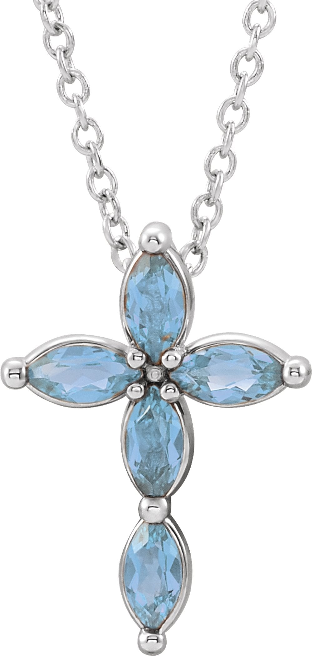 14K White Natural Aquamarine Cross 16-18" Necklace