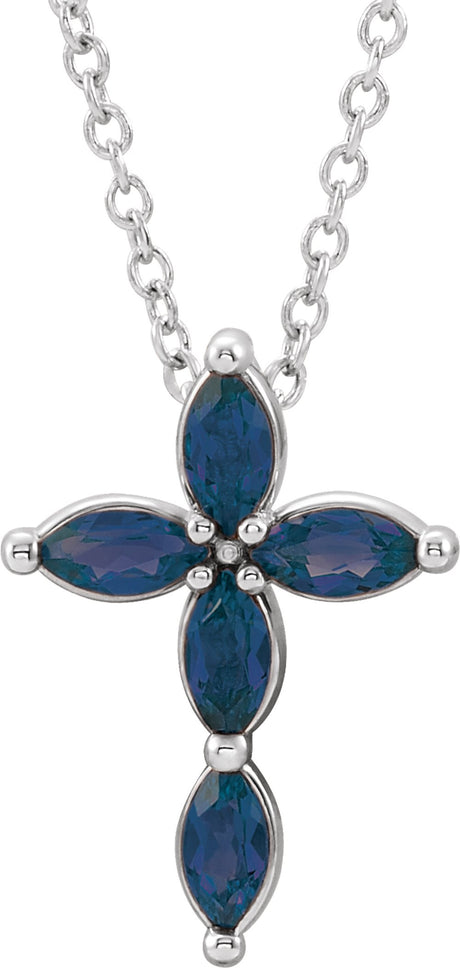 14K White Gold Natural Blue Sapphire Cross 16-18" Necklace