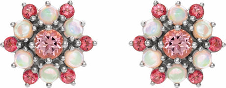 14K White Natural Pink Tourmaline & Natural Ethiopian Opal Cabochon Earrings