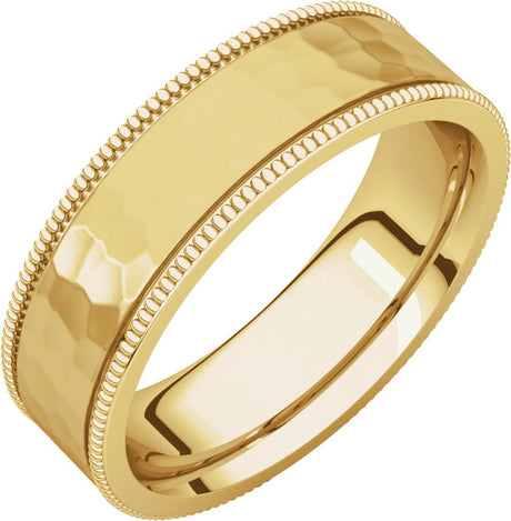 14K Yellow 6 mm Flat Milgrain Band with Satin & Hammered Texture Size 9