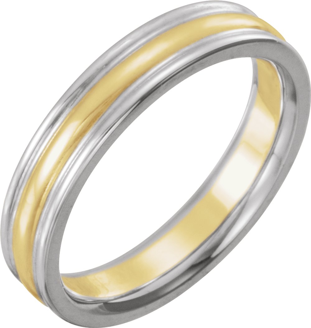 10K White/Yellow/White 4 mm Grooved Comfort-Fit Half Round Band Size 7
