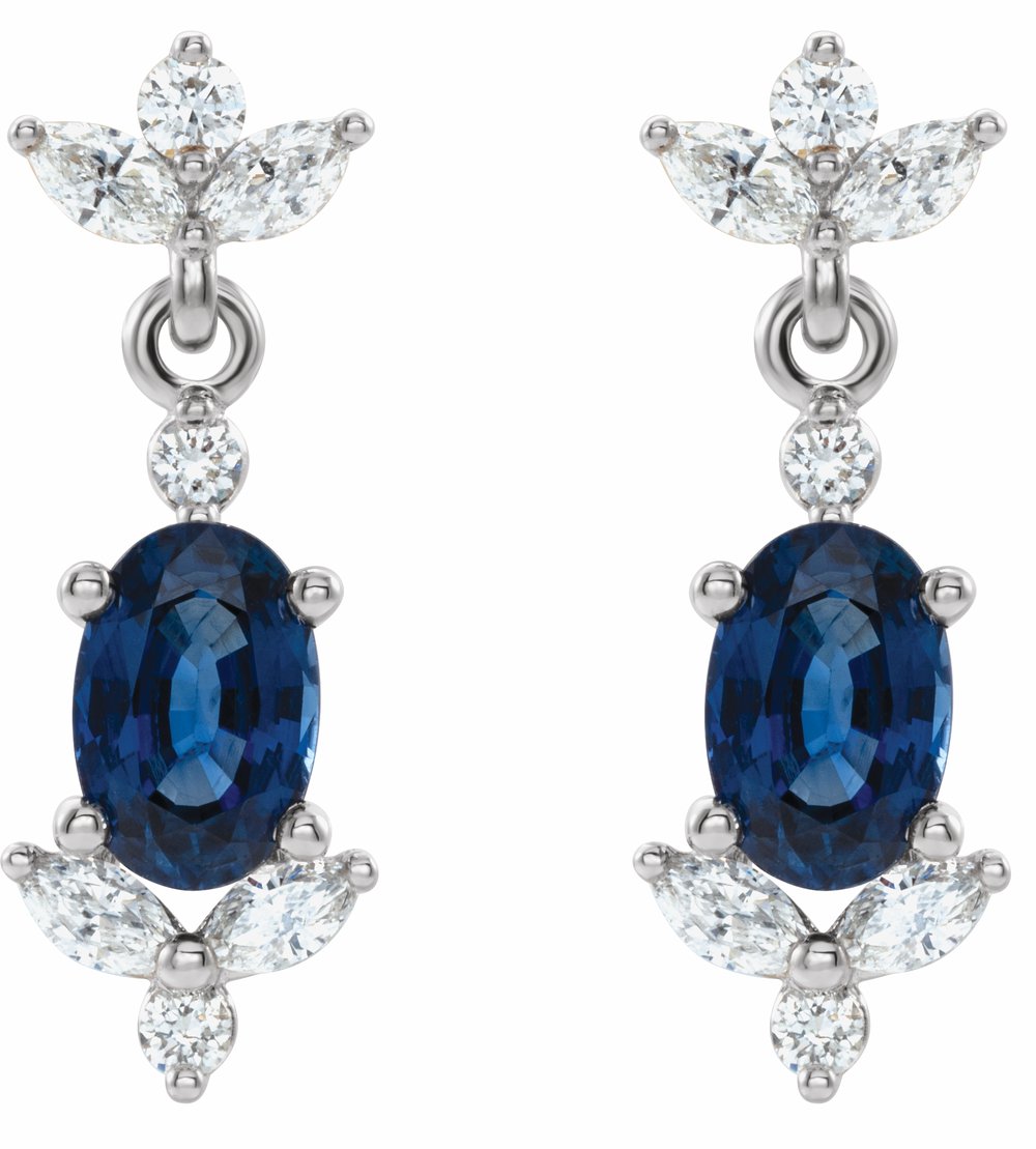 14K White Natural Blue Sapphire & 1/3 CTW Natural Diamond Earrings