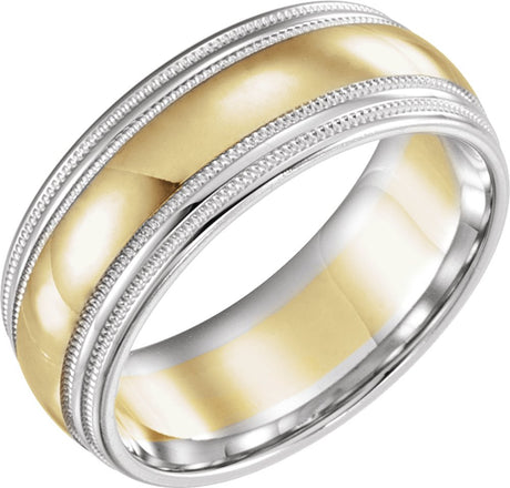 14K White/Yellow/White Gold 8 mm Double Milgrain Edge Comfort-Fit Half Round Band Size 10.5 