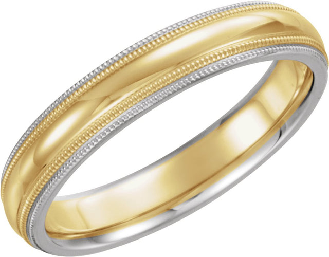 14K White/Yellow/White 4 mm Half Round Comfort-Fit Band with Double Milgrain Size 5.5