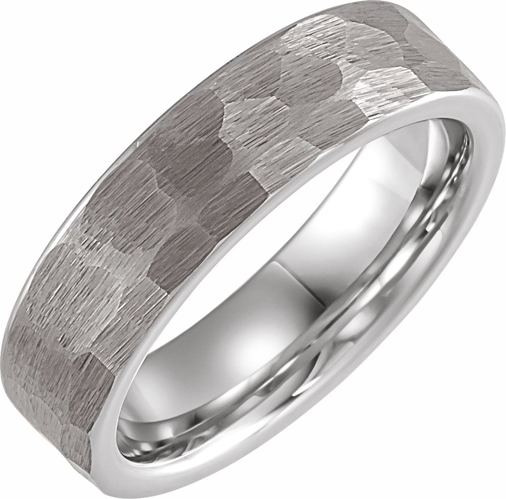 18K White Gold PVD Tungsten 6 mm Flat Hammered Band Size 8.5