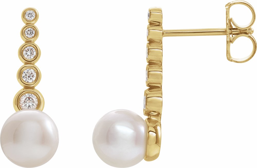 14K Yellow Gold Cultured White Freshwater Pearl & 1/8 CTW Natural Diamond Earrings
