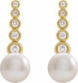 14K Yellow Gold Cultured White Freshwater Pearl & 1/8 CTW Natural Diamond Earrings