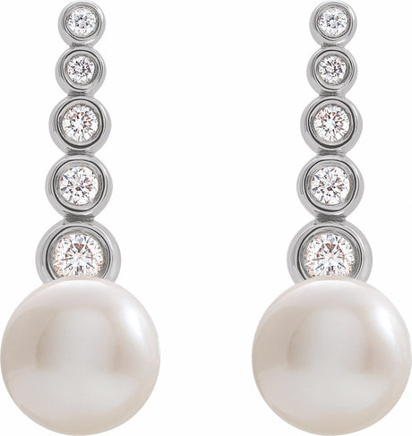 14K White Gold Cultured White Freshwater Pearl & 1/8 CTW Natural Diamond Earrings