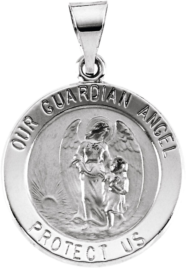 14K White 18 mm Hollow Round Guardian Angel Medal