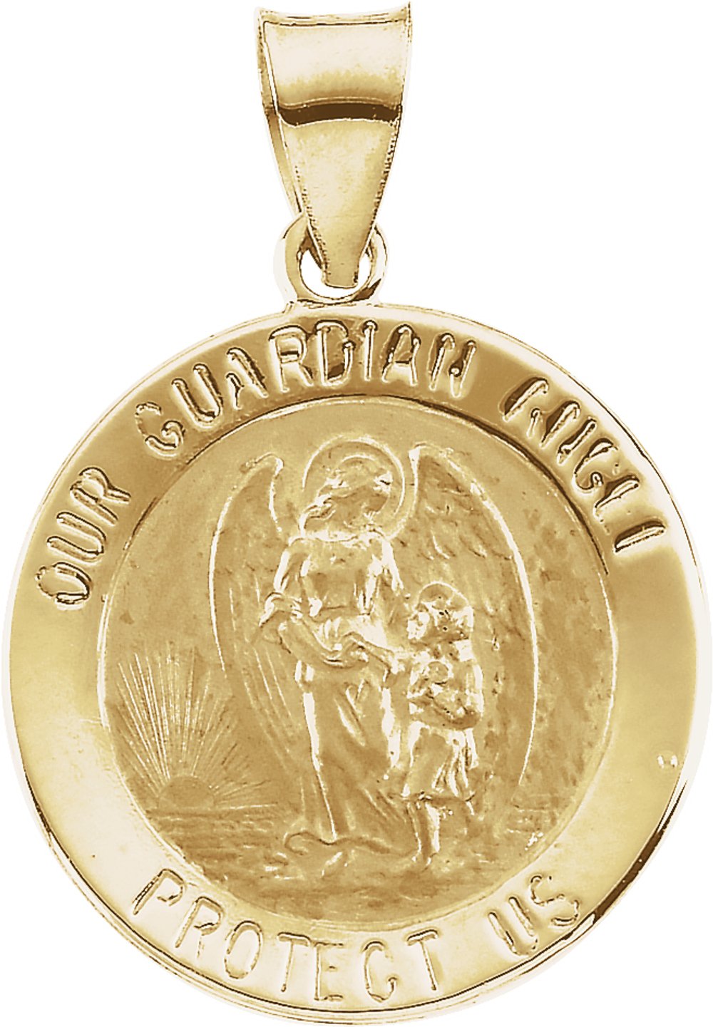 14K Yellow 18 mm Hollow Round Guardian Angel Medal