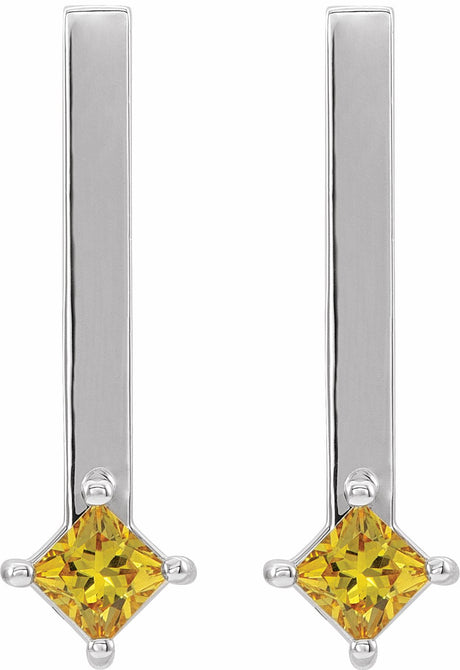 14K White Natural Yellow Sapphire Bar Drop Earrings