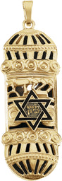 14K Yellow 37x13 mm Mezuzah Pendant with Blue & White Enamel