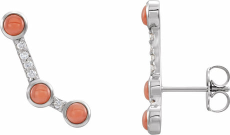 14K White Natural Pink Coral & .01 CTW Natural Diamond Ear Climbers