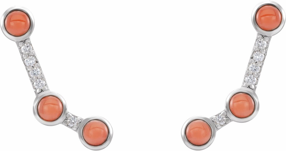 14K White Natural Pink Coral & .01 CTW Natural Diamond Ear Climbers