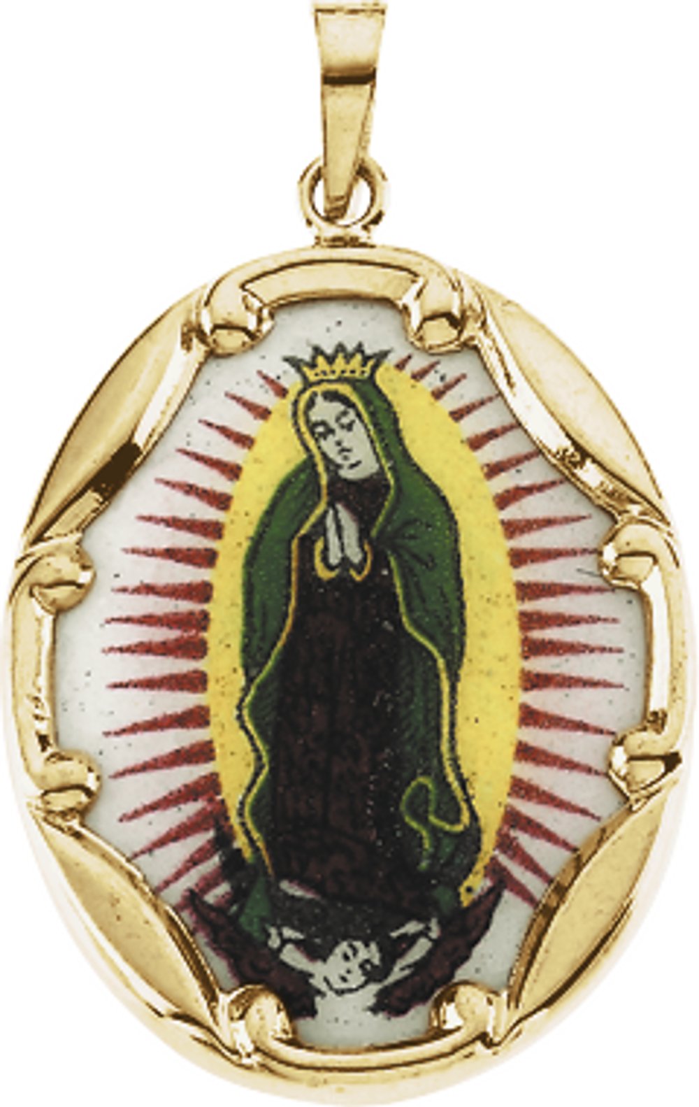 14K Yellow 13x10 mm Our Lady of Guadalupe Hand-Painted Porcelain Medal