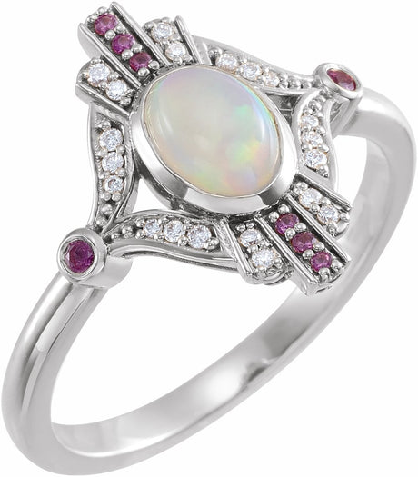 14K White Natural Ethiopian Opal, Natural Pink Sapphire & .06 CTW Natural Diamond Cabochon Ring