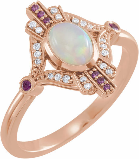 14K Rose Natural Ethiopian Opal, Natural Pink Sapphire & .06 CTW Natural Diamond Cabochon Ring