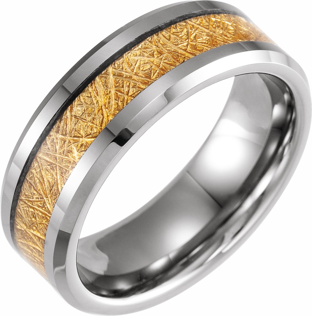 Tungsten 8 mm Beveled-Edge Imitation Gold Meteorite Inlay Comfort-Fit Flat Band Size 7 