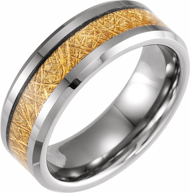 Tungsten 8 mm Beveled-Edge Imitation Gold Meteorite Inlay Comfort-Fit Flat Band Size 7 